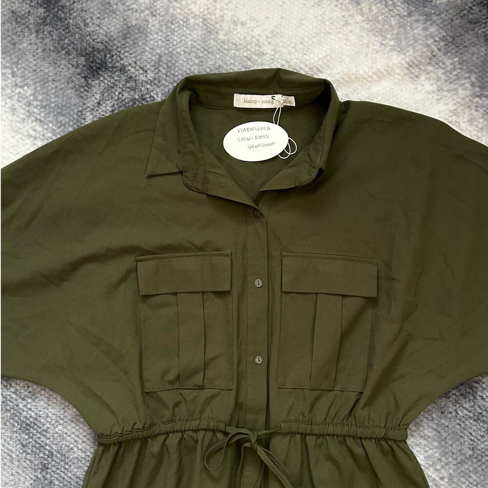 Bishop + Young Safari Olive Green Puff Sleeve Button Up Midi Dress - Small NWT - Picture 8 of 12